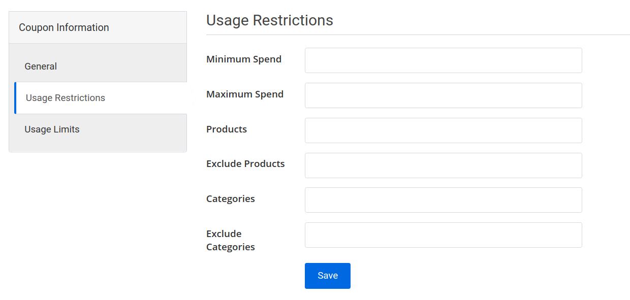 coupon create page usage restrictions tab