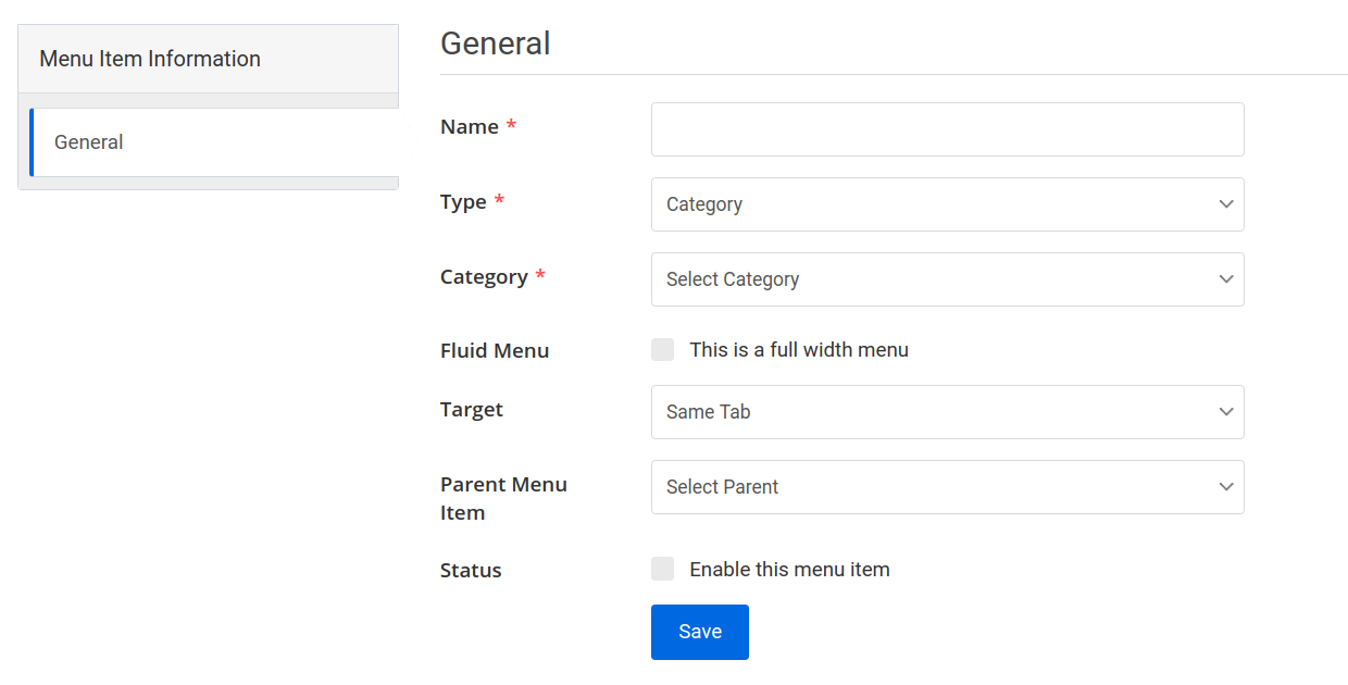 create menu item general tab