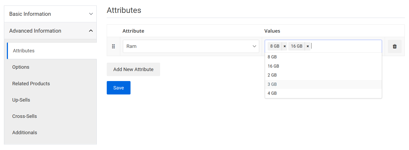 product create page attributes tab