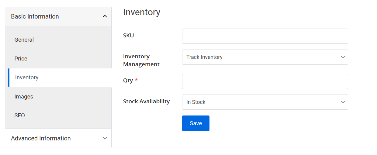 product create page inventory tab