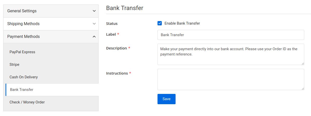 settings page bank transfer tab