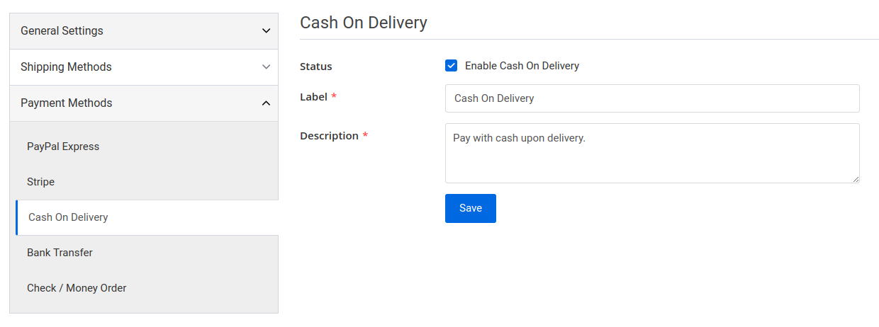 settings page cash on delivery tab