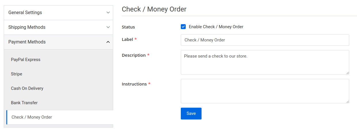 settings page check payment tab
