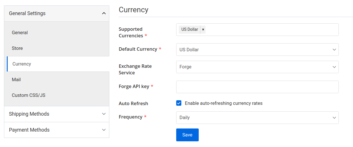 settings page currency tab