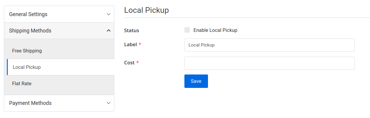 settings page local pickup tab
