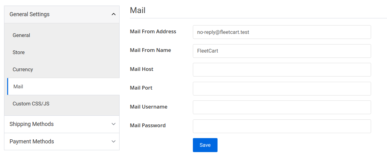 settings page mail tab