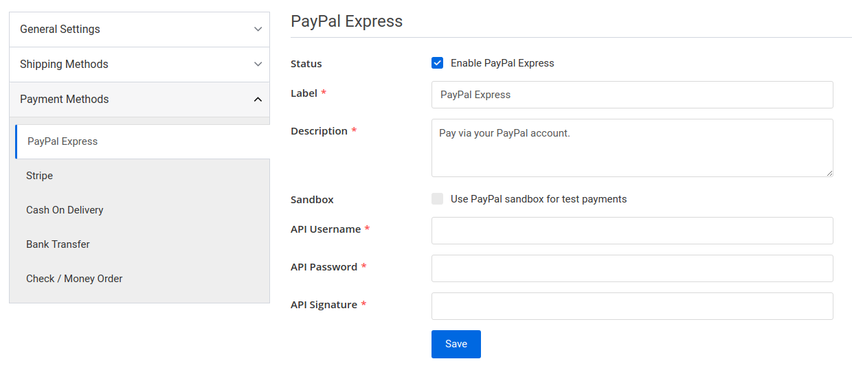 settings page paypal express tab