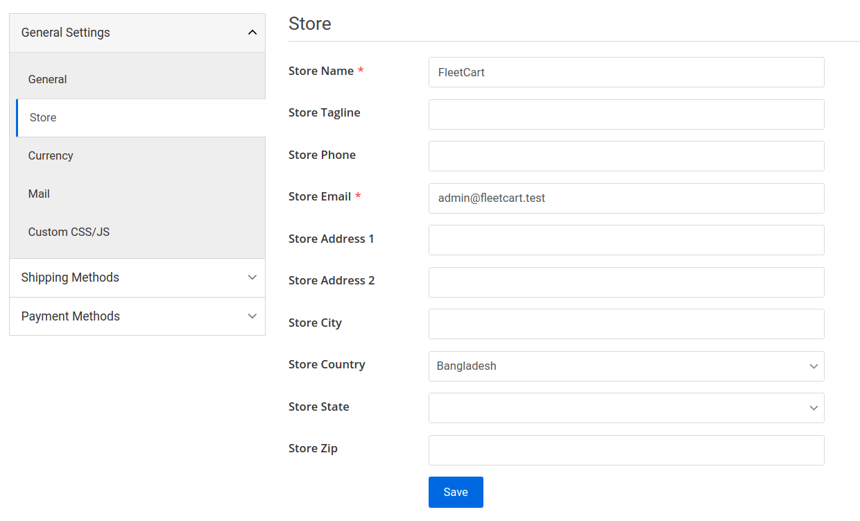 settings page store tab
