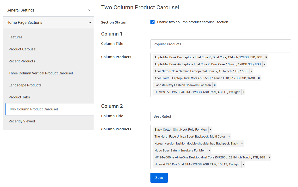 storefront page two column product carousel